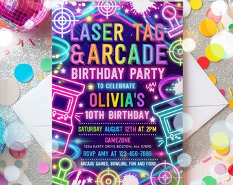 Editable Laser Tag Arcade Birthday Party Invitation Neon Glow Laser Tag And Video Gaming Party Neon Glow Gaming Party Instant Download A1