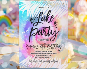 Editable Lake Party Invitation Girly Tie Dye Lake Birthday Party Invitation Summer Lake Boat Party Birthday Party Instant Download RK