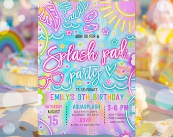 Editable Splash Pad Birthday Party Invitation Glow Neon Tie Dye Summer Water Slide Splish Splash Pool Birthday Party Instant Download Y3