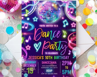 Editable Dance Party Invitation Neon Glow Dance Party Invitation Neon Glow Dance Disco Party Neon Disco Dance Party Instant Download U6