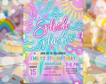 Editable Splish Splash Birthday Party Invitation Glow Neon Tie Dye Summer Water Slide Waterpark Pool Birthday Party Instant Download Y3
