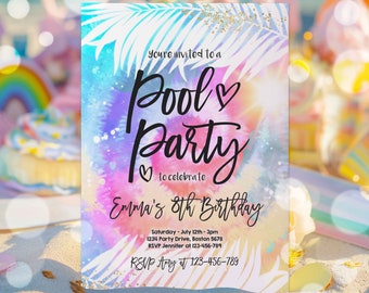 Editable Pool Party Invitation Girly Tie Dye Pool Party Invitation Pool Birthday Party Summer Swimming Pool Party Instant Download RK