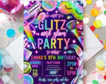 Editable Glitz And Glam Spa Makeup Birthday Invitation Neon Glow Spa Party Invitation Glam Makeup Glow Birthday Party Instant Download TR5