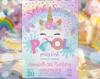 Pool Party Invitation Unicorn Pool Party Invitation Unicorn Pool Float Splish Splash Pool Party Bash Instant Download Editable Corjl UP1