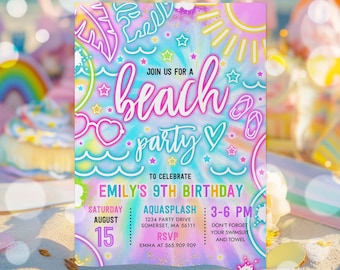 Editable Beach Birthday Party Invitation Glow Neon Tie Dye Summer Summer Beach Boat Party Birthday Party Instant Download Y3