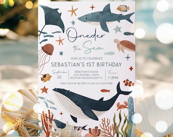 Editable Oneder the Sea 1st Birthday Party Invitation Under The Sea 1st Birthday Whale Shark Sea Life Party Instant Download Editable J9