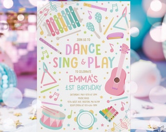 May include: A colorful invitation for a first birthday party with a musical theme. The invitation features a variety of musical instruments, including a xylophone, a guitar, a drum, and a tambourine. The text on the invitation reads "Join us to Dance Sing & Play to Celebrate Emma's 1st Birthday".
