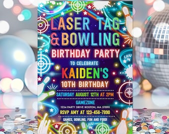 Editable Laser Tag Bowling Birthday Party Invitation Neon Glow Laser Tag And Bowling Party Neon Glow Gaming Party Instant Download CM