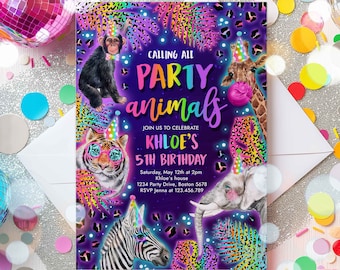 Editable Party Animals Birthday Invitation Neon Rainbow Cheetah Print Safari Animals Birthday Party Leopard Print Birthday Download OF