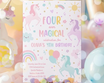 Editable Unicorn Four Ever Magical 4th Party Birthday Invitation Magical Whimsical Pastel Rainbow Unicorn 4th Birthday Instant Download UY6