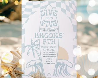 Editable Dive Into Five Surf 5th Birthday Party Invitation Surf's Up Birthday Modern Checkered Surfboard Beach Party Instant Download AW