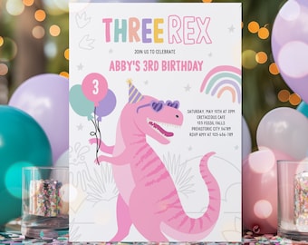 Editable Three Rex Dinosaur Birthday Party Invitation Pink T-Rex Dinosaur 3rd Birthday Party T-Rex Dino Rawr Birthday Party Download 1PQ