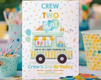 Editable Ice Cream Truck Birthday Invitation Ice Cream Two Sweet 2nd Birthday Party Invitation Two Sweet Ice Cream Party Instant Download WP