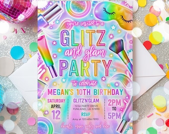 May include: A colorful invitation for a girl's 10th birthday party. The invitation features a rainbow background with makeup brushes, nail polish, and a sleep mask. The text reads "You're invited to a Glitz and Glam Party to celebrate Megan's 10th Birthday". The party is on Saturday, April 12th from 2pm to 5pm. RSVP to Amy at 123-456-7890. The party will include facials, mani pedis, and fun.