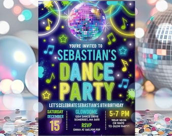 May include: A neon green, blue, and yellow invitation for a glow-in-the-dark dance party. The invitation features a disco ball, music notes, and stars. The text reads "You're invited to Sebastian's Dance Party. Let's celebrate Sebastian's 8th birthday. Glowdome, 1234 Dance Drive, Somerset, MA 56111. Saturday, December 15. 5-7 PM. Wear neon or white to glow party! RSVP Emma at 565.909.909."