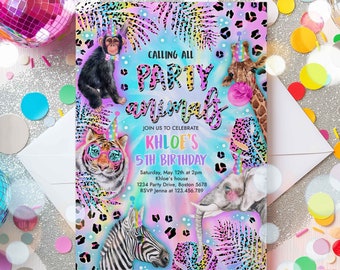 May include: A colourful party invitation with a rainbow background and animal illustrations. The text reads "Calling all party animals, join us to celebrate Khloe's 5th birthday. Saturday, May 12th at 2pm, Khloe's house, 1234 Party Drive, Boston 5678, RSVP Jenna at 123.456.789".