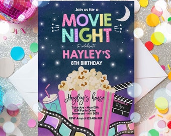 EDITABLE Movie Night Birthday Invitation Movie Birthday Party Invitation Movie Sleepover Party Popcorn Movie Party  Instant Download LK