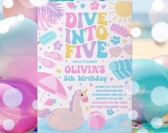 Editable Dive Into Five 5th Birthday Party Invitation Tropical Summer Splish Splash Girly Pool Birthday Party Instant Download SY5