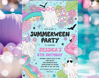 Editable Summerween Birthday Party Invitation Summer Halloween Ghost Birthday Groovy Rainbow Ghost Summer Pool Party Instant Download 37Y