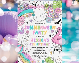 Editable Summerween Birthday Party Invitation Summer Halloween Ghost Birthday Groovy Rainbow Ghost Summer Pool Party Instant Download 37Y