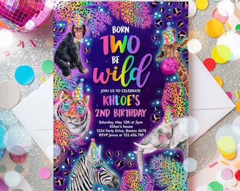 Editable Two Wild Safari Animals Birthday Invitation Neon Rainbow Cheetah Print Safari Birthday Party Leopard Print Birthday Download OF