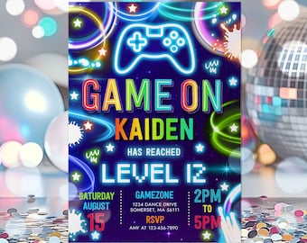 Editable Video Game Birthday Invitation Boy Gamer Birthday Party Neon Game On Level Up Birthday Party Glow Gamer Party Instant Download KN