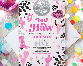 Editable Space Cowgirl Birthday Party Invitation Pink Disco Cowgirl Party Nashville Rodeo Birthday Party Any Age Party Instant Download UL