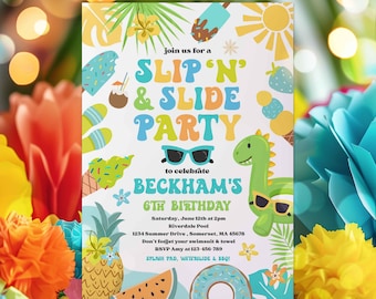 Editable Slip ’N’ Slide Birthday Party Invitation Tropical Splish Splash Boy Pool Party Invite Summer Splash Pad Party Instant Download SQ6