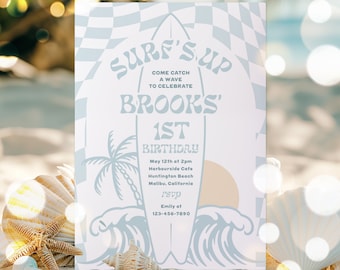 Editable Surf Birthday Party Invitation Surf's Up Birthday Party Modern Minimal Checkered Surfboard Beach Birthday Party Instant Download AW