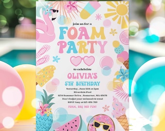 Editable Foam Birthday Party Invitation Tropical Pool Foam Girly Pool Party Invite Summer Splash Pad Party Instant Download 4RW
