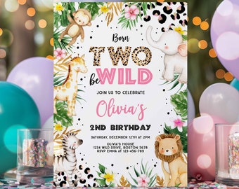 Editable Born To be Wild Leopard Print Safari Animals Birthday Party Invitation Leopard Print Born Two Wild Birthday Party Download EG