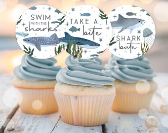 Shark Birthday Party Cupcake Toppers Shark Under the Sea Birthday Party Shark Sea Life Birthday Party Decorations Instant Download JB