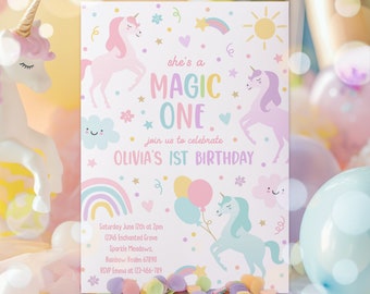 Editable Unicorn Magic One 1st Birthday Invitation Magical Whimsical Pastel Fairytale Rainbow Unicorn 1st Birthday Instant Download UY6