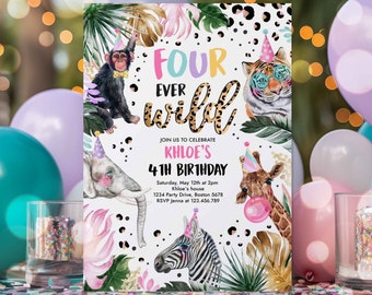 Editable Four Ever Wild Leopard Print Safari Animals 4th Birthday Party Invitation Leopard Print Four Ever Wild Birthday Party Download DL