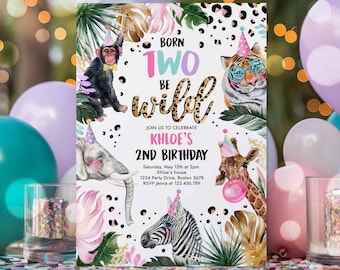 Editable Born To be Wild Leopard Print Safari Animals Birthday Party Invitation Leopard Print Born Two Wild Birthday Party Download DL