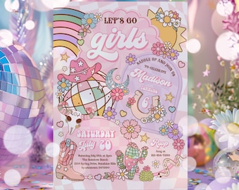 Editable Cowgirl Birthday Party Invitation Pink Disco Cowgirl Party Nashville Rodeo Space Cowgirl Birthday Party Instant Download HQ4
