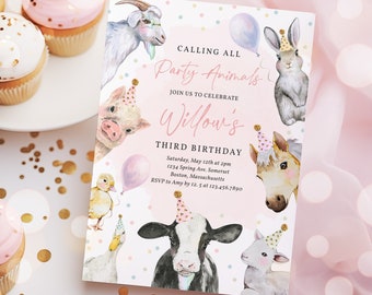 Editable Farm Animals Birthday Party Invitation Pink Girl Farm Barnyard 1st Birthday Party Animals 1st Birthday Party Instant Download HYS