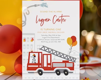 May include: A red fire truck with a ladder, a dalmatian dog, and a fire hose. The truck is driving down a street with buildings on either side. The text on the invitation reads "SOUND THE ALARM! Logan Carter IS TURNING ONE STOP. DROP, AND ROLL ON OVER Saturday, May 12th at 2pm Logan's Fire Department 1234 Fore Street, Somerset MA 5678 RSVP Amy at 123-456-789 PIXELPERFECTIONPARTYLTD".