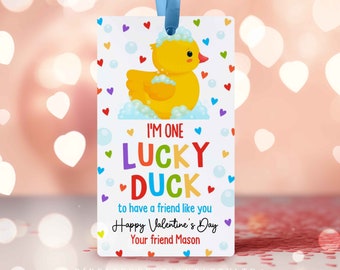 Editable Valentines Rubber Duck Gift Tag One Lucky Duck Valentines Day Tag Non Candy Classroom Valentine's Day Tag Instant Download VL