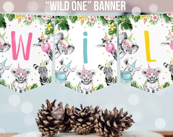 Wild One 1st Birthday Banner Girl Safari Wild One Banner Safari 1st Birthday Party Gold Monochrome Jungle Decorations Instant Download PS