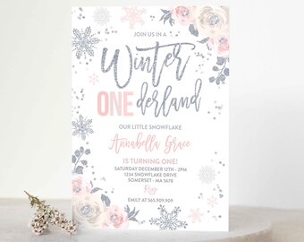 Editable Winter ONEderland Birthday Invitation Peach & Silver Winter ONEderland Party Floral Winter ONEderland Party Instant Download PW