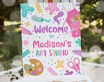 Editable Art Birthday Party Welcome Sign Painting Party Birthday Rainbow Painting Party Arts & Crafts Party Decorations Instant Download 9O