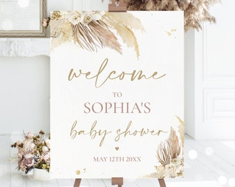 Bearbeitbares Pampasgras-Babyparty-Willkommensschild, gedämpfter Ton, Pampasgras-Willkommensschild, Boho-Willkommensschild für die tropische Wüste, sofortiger Download P6