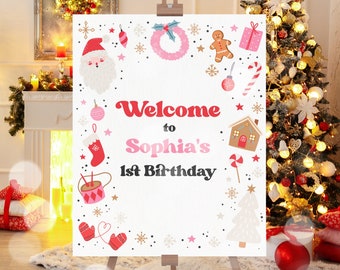 Editable Christmas Birthday Welcome Sign Oh What Fun Christmas Birthday Party Red And Pink Girl Christmas Party Decor Instant Download HHY