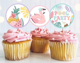 Pool Party Cupcake Toppers Tropical Splish Splash Girly Pool Party Summer Swimming Pool Splash Pad Party Favor Tags Instant Download FK