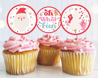 Christmas Birthday Party Cupcake Toppers Oh What Fun Christmas Birthday Party Red & Pink Girl Christmas Party Decor Instant Download HHY