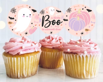 Little Boo Baby Shower Cupcake Toppers Halloween Girl Ghost Baby Shower A Little Boo Is Almost Due Baby Shower Favors Instant Download T3