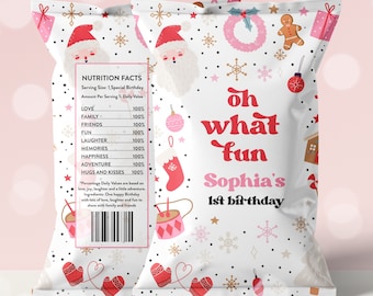 Editable Christmas Birthday Party Chip Bag Label Oh What Fun Christmas Birthday Party Red & Pink Girl Christmas Party Instant Download HHY