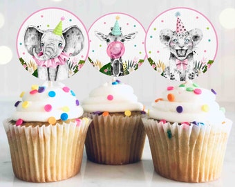 Party Animal Cupcake Toppers Pink Safari Wild One Cupcake Toppers Safari Sticker Tag Toppers Safari Party Decorations Instant Download PS