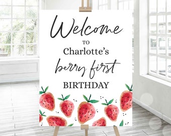Editable Strawberry Birthday Party Welcome Sign Berry First Birthday Party Welcome Sign Berry Sweet Birthday Favor Sign Instant Download VC